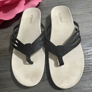 VIONIC Alta Black Leather Flip Flop Thong Walking Comfort Sandals Size 8.5M